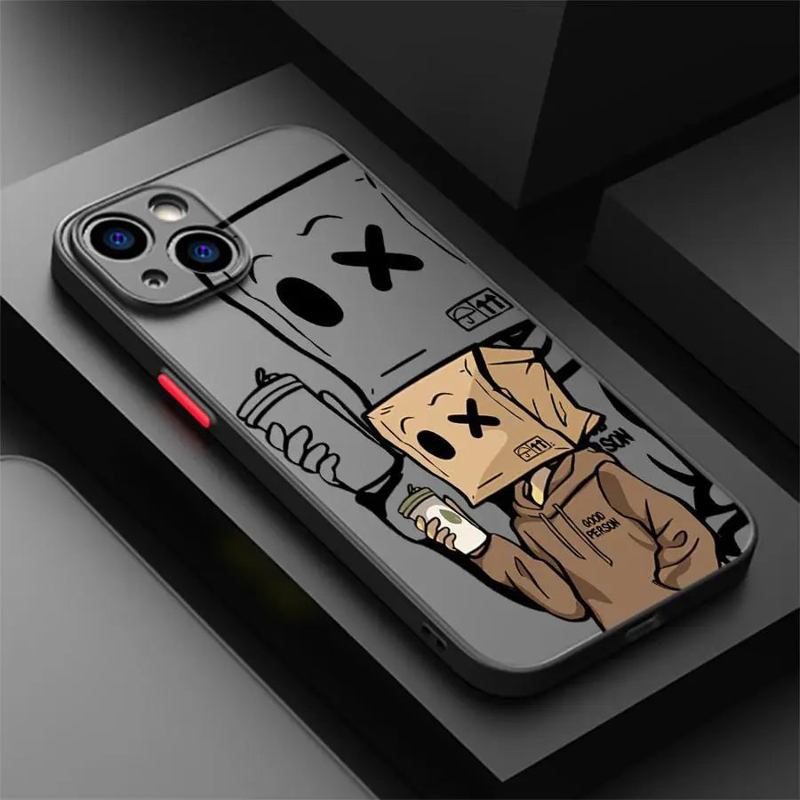 Fundas para iPhone 16 15 Pro Max 14 Plus 13 12 11 Protector Mate 11Pro 12Pro 13Pro de Alta Calidad 14Pro 15Pro 16Pro Cubierta Shockproof con Diseño de Caja de Papel de Chico que Toma Café - La zona Apple