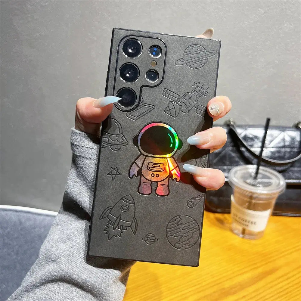 Funda de teléfono mate de piel de astronauta láser para Samsung S23 S22 Ultra, protección de cámara de dibujos animados de lujo, cubierta trasera a prueba de golpes - La zona Apple