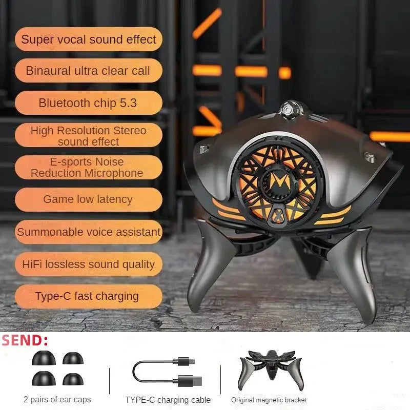 2022 Nuevos auriculares inalámbricos en forma de mech de metal Bluetooth 5.3+GBR Efecto de luz+Super Sound+ENC Call Noise Canceling Game Earphone Tws - La zona Apple