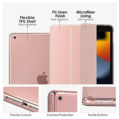 Moko Funda para Nuevo iPad 9ª Generación 10.2" 2021 (10.2 Pulgadas)/iPad 8ª Gen 2020/iPad 7ª Gen 2019, Delgado Función Soporte TPU Protectora Plegable Cubierta Trasera Transparente - Oro Rosa MoKo