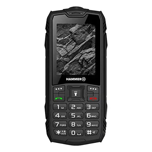 Hammer H Rock teléfono Duradero para Trabajar, Mega batería de 1800 mAh, Pantalla de 2.4", Resistente al Agua (IP68), A Prueba de Golpes (IK05), Teléfono de botón, Linterna, Dual-SIM, Negro - La zona Apple