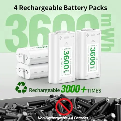 Batería Mando para Xbox Series X/S/Xbox One, Carga Rápido Cargador Mando Xbox One/Series S/X/Elite, Alta Capacidad 4×3600 mWh Pilas Recargables Mando para Xbox - Blanco - La zona Apple
