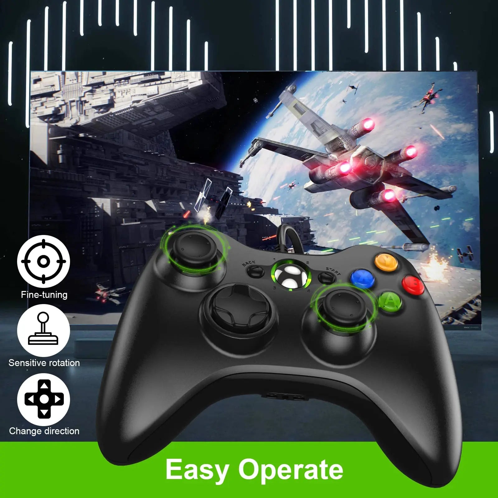 Diswoe Mando para Xbox 360, Mando PC, USB Mando para Xbox 360/Xbox 360 Slim/PC Win7/8/10/11/XP Joystick Gamepad con Doble Vibración Wired Controlador - La zona Apple