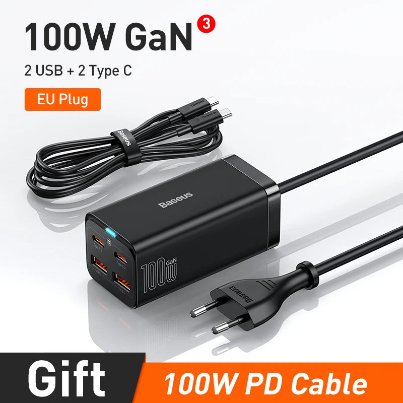 Baseus-cargador de escritorio GaN3 de 100/ 65W, carga rápida QC 3.04.0, USB tipo C, cargador de teléfono para iPhone 13, Huawei, Xiaomi, MacBook, portátil - La zona Apple