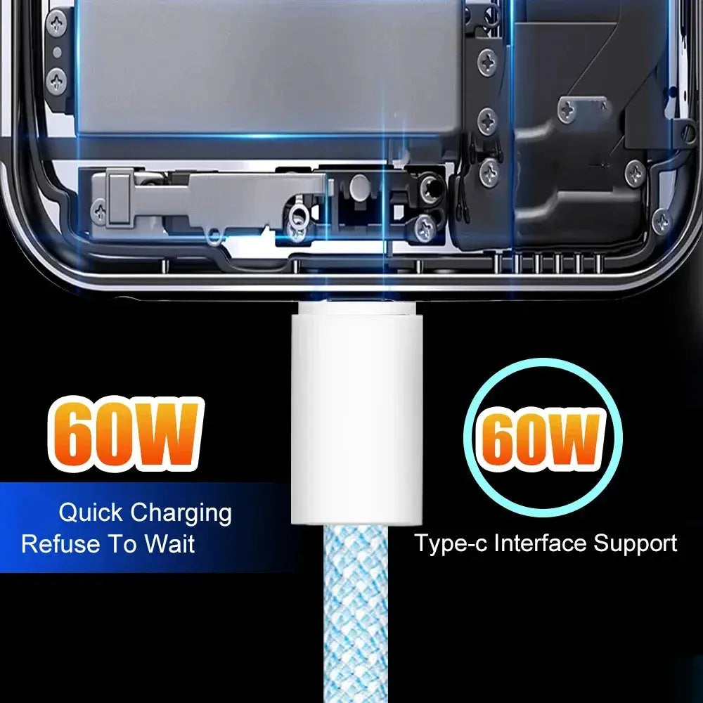 Cable Dual tipo C de carga rápida, Cable de nailon trenzado, USB C, 60W, para iPhone 15 Pro Max Plus, Xiaomi Poco, Samsung - La zona Apple
