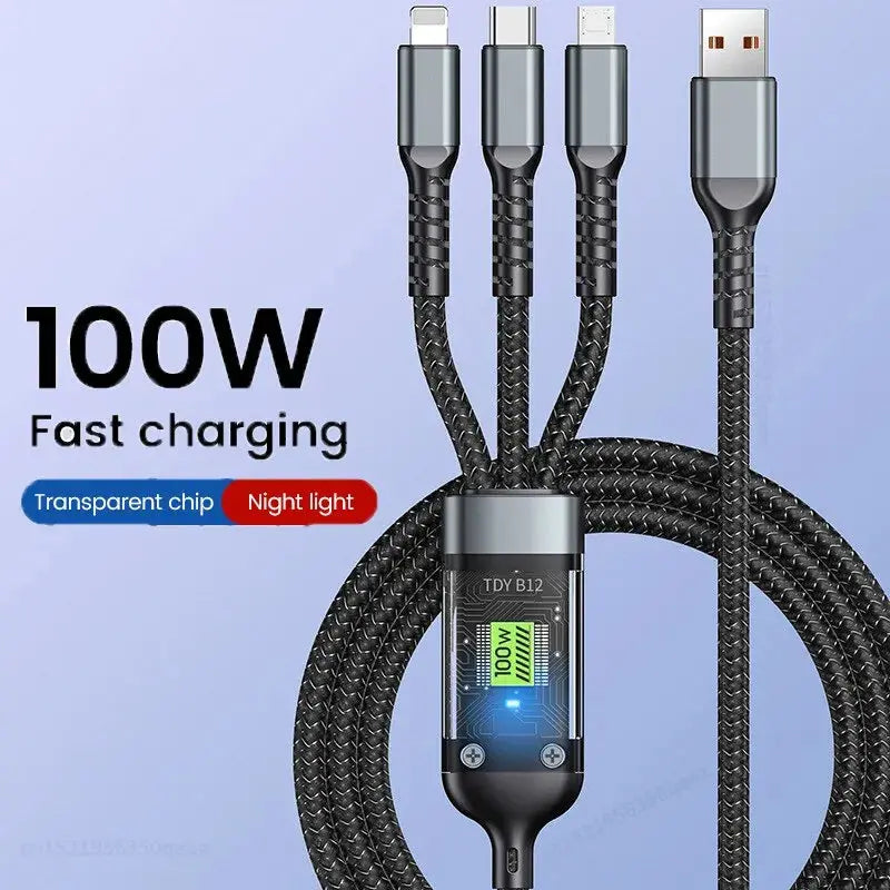Cable de carga rápida transparente 3 en 1, 100w, tipo C, Usb Micro para Iphone, Samsung, Huawei, Xiaomi, cargador de lámpara piloto, Usb C 6A - La zona Apple