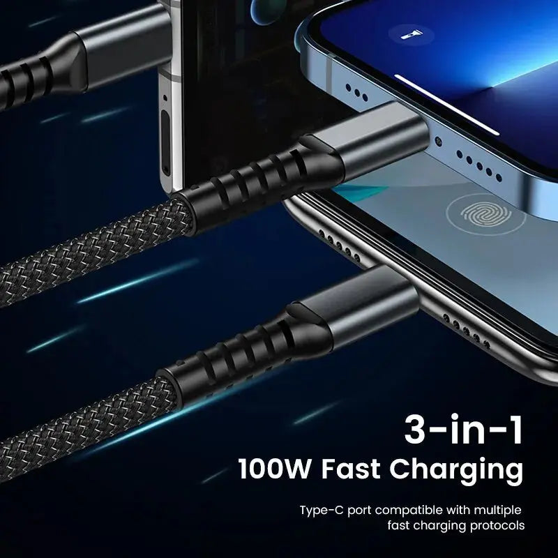 Cable de carga rápida transparente 3 en 1, 100w, tipo C, Usb Micro para Iphone, Samsung, Huawei, Xiaomi, cargador de lámpara piloto, Usb C 6A - La zona Apple