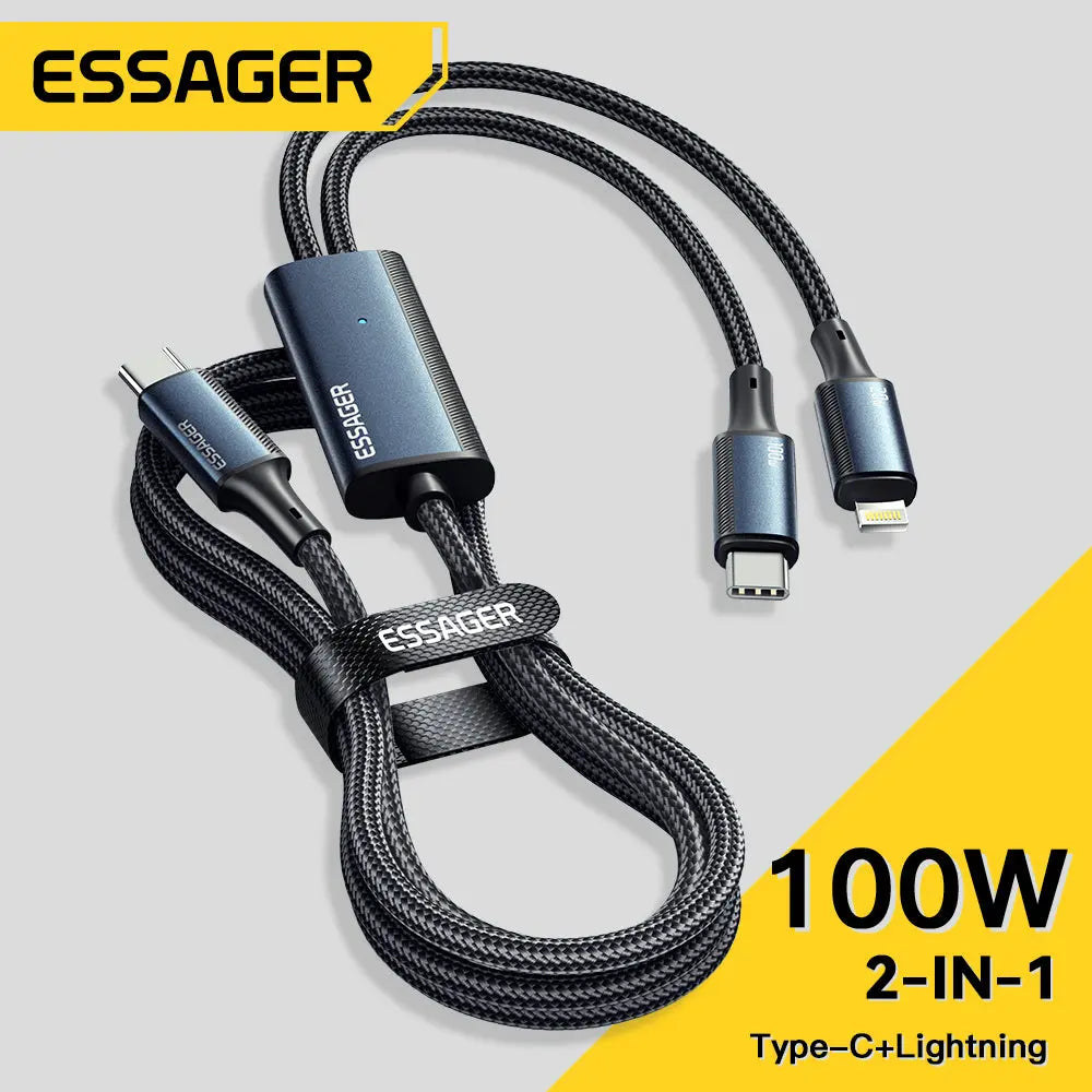 Cable de carga rápida USB tipo C de 100W, 2 en 1 para Macbook, iPhone, Samsung, Xiaomi alidrosip