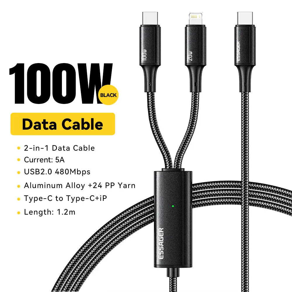 Cable de carga rápida USB tipo C de 100W, 2 en 1 para Macbook, iPhone, Samsung, Xiaomi alidrosip