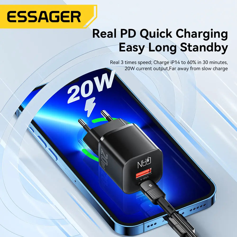 Essager-cargador USB tipo C GaN de 20W, QC 3,0, para iPhone 14, 13, 12, 11 Pro Max, Mini iPad alidrosip