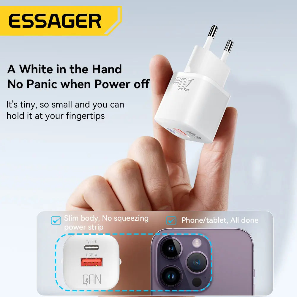 Essager-cargador USB tipo C GaN de 20W, QC 3,0, para iPhone 14, 13, 12, 11 Pro Max, Mini iPad alidrosip