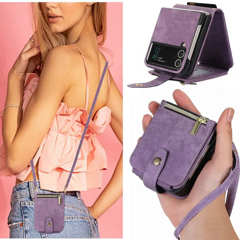 Funda de cuero para Samsung Galaxy Z Flip 4 5, funda con correa cruzada, elegante billetera, tarjetero para Samsung Z Flip 3 - La zona Apple