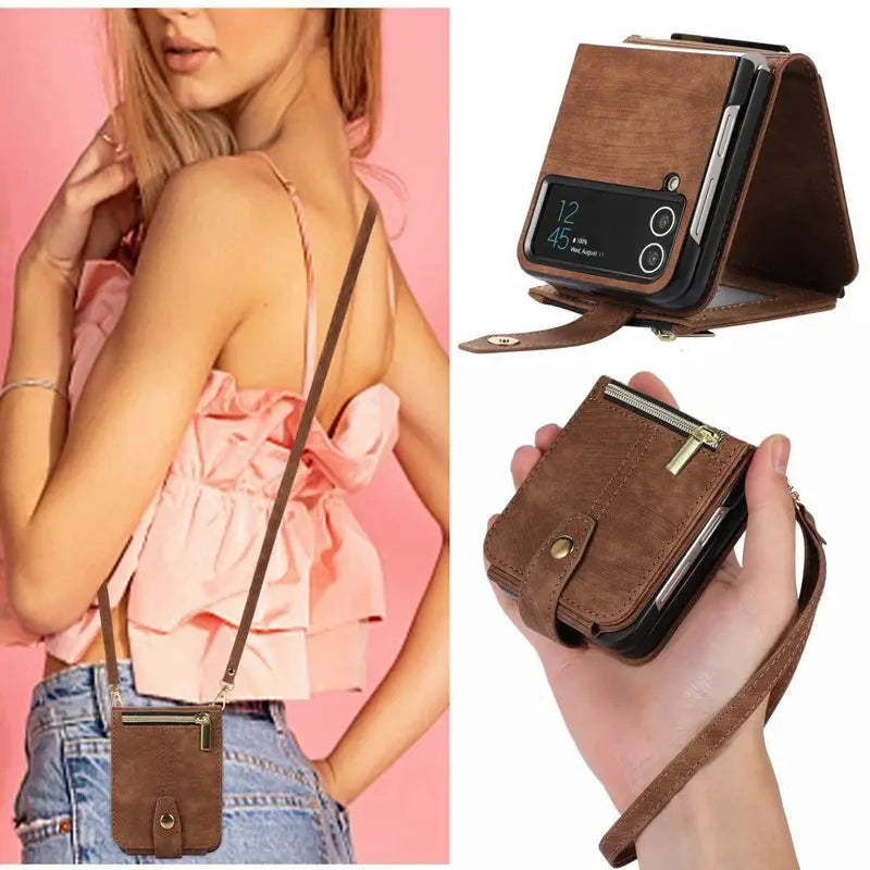 Funda de cuero para Samsung Galaxy Z Flip 4 5, funda con correa cruzada, elegante billetera, tarjetero para Samsung Z Flip 3 - La zona Apple