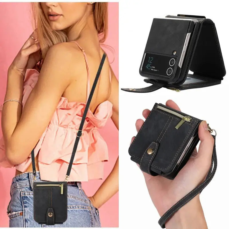 Funda de cuero para Samsung Galaxy Z Flip 4 5, funda con correa cruzada, elegante billetera, tarjetero para Samsung Z Flip 3 - La zona Apple