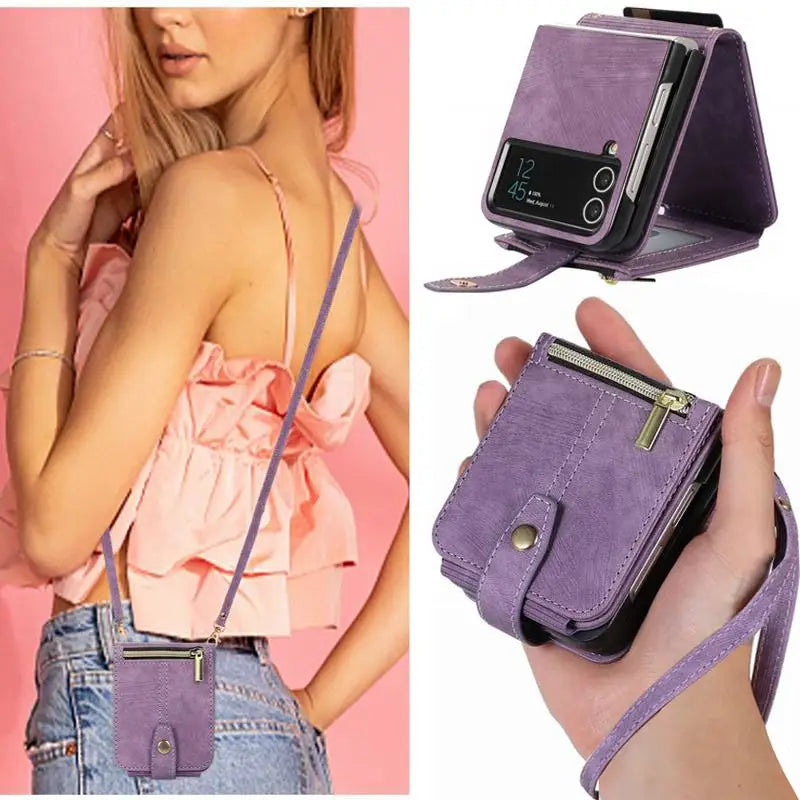 Funda de cuero para Samsung Galaxy Z Flip 4 5, funda con correa cruzada, elegante billetera, tarjetero para Samsung Z Flip 3 - La zona Apple