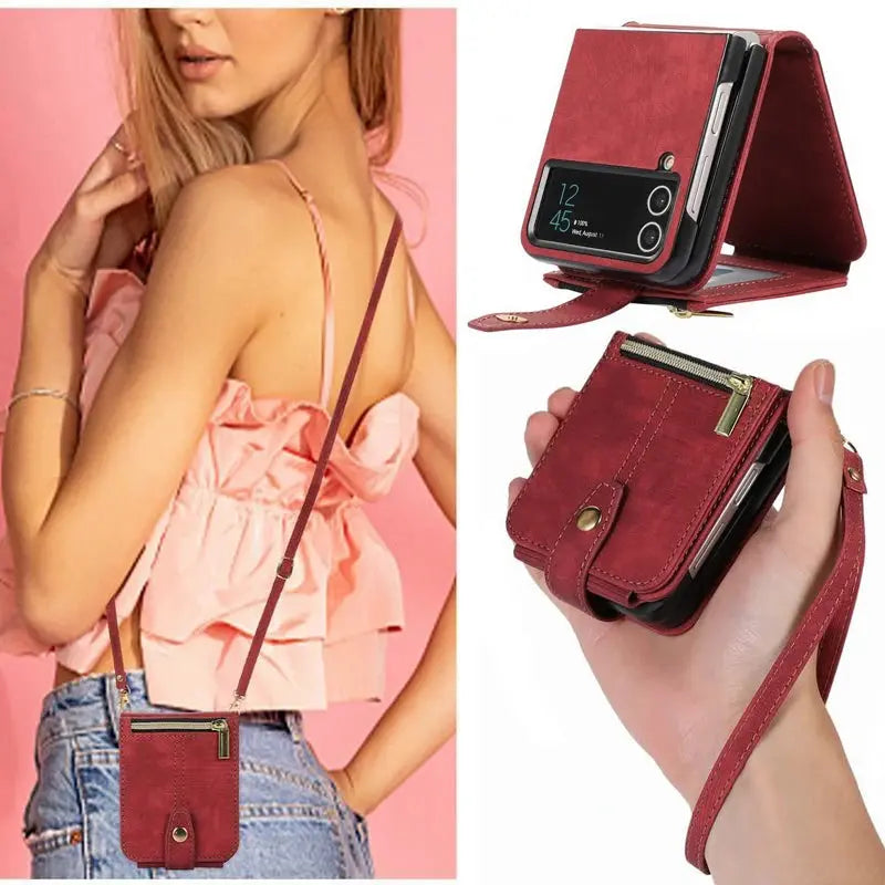 Funda de cuero para Samsung Galaxy Z Flip 4 5, funda con correa cruzada, elegante billetera, tarjetero para Samsung Z Flip 3 - La zona Apple
