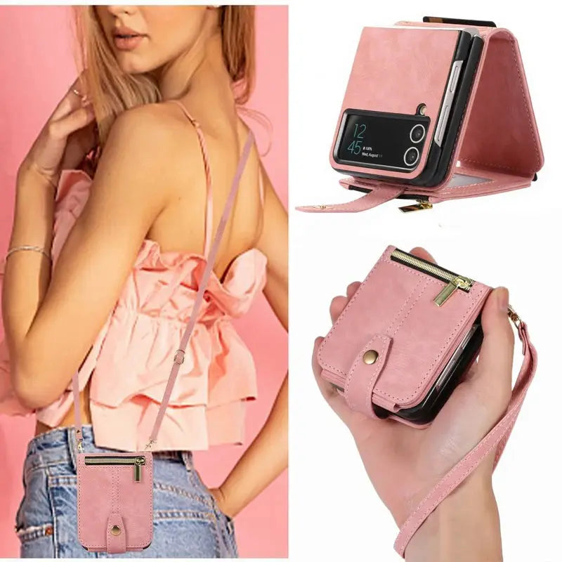 Funda de cuero para Samsung Galaxy Z Flip 4 5, funda con correa cruzada, elegante billetera, tarjetero para Samsung Z Flip 3 - La zona Apple