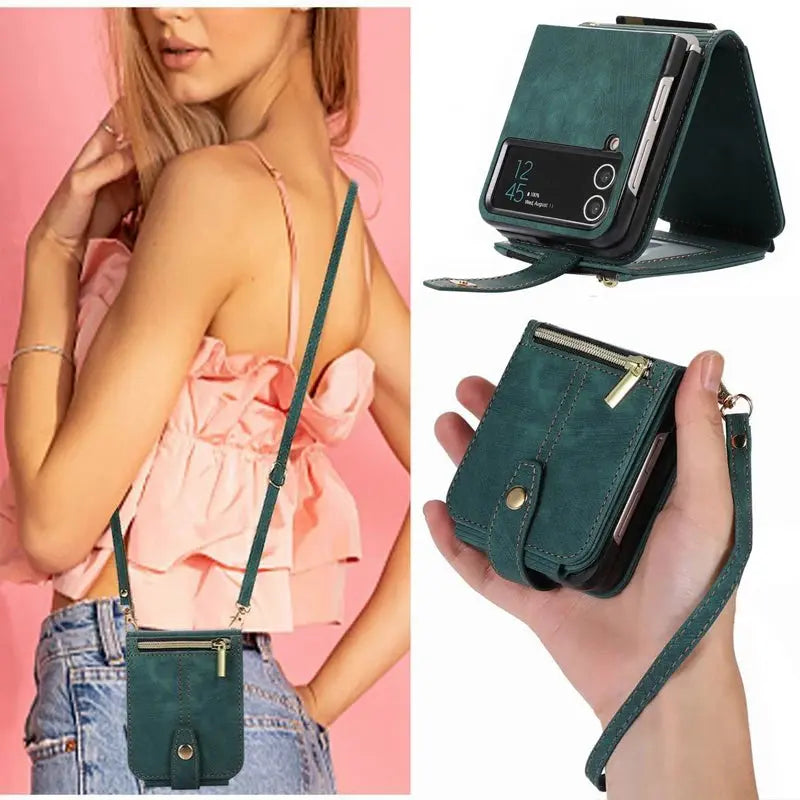 Funda de cuero para Samsung Galaxy Z Flip 4 5, funda con correa cruzada, elegante billetera, tarjetero para Samsung Z Flip 3 - La zona Apple