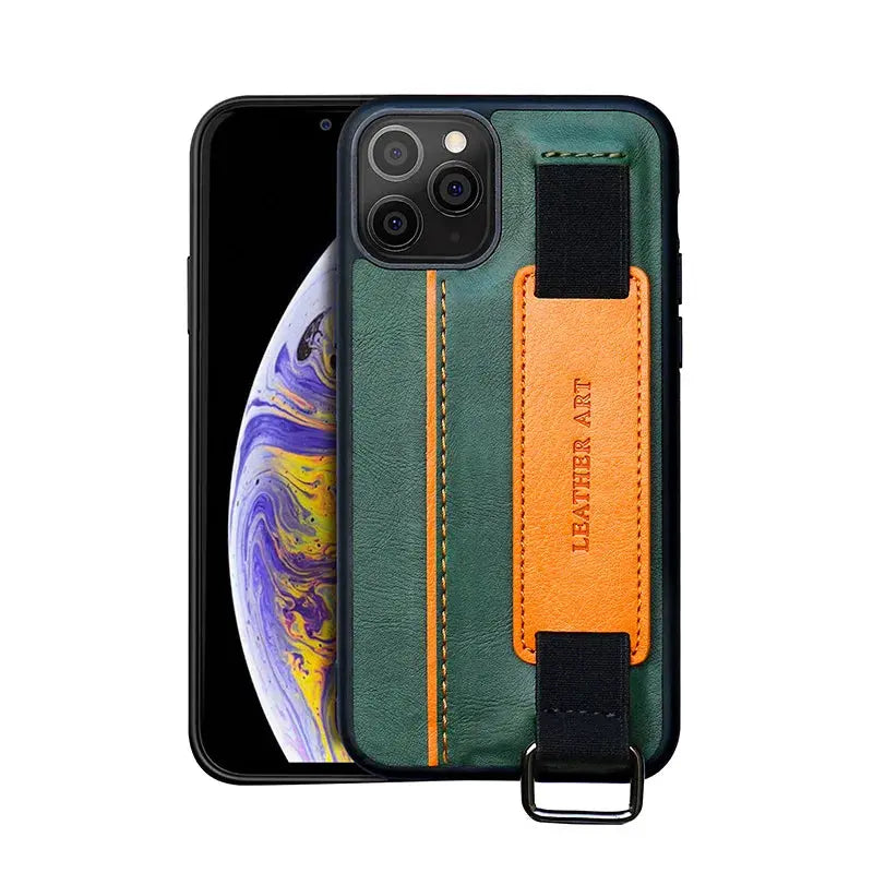 Funda de cuero PU con cordón de sujeción iPhone 15, 14, 13, 12 Mini, 11 Pro Max, XS, XR, 8, 7, 6S Plus - La zona Apple
