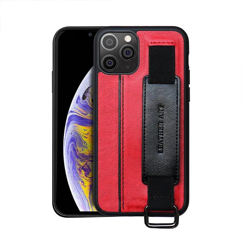 Funda de cuero PU con cordón de sujeción iPhone 15, 14, 13, 12 Mini, 11 Pro Max, XS, XR, 8, 7, 6S Plus - La zona Apple