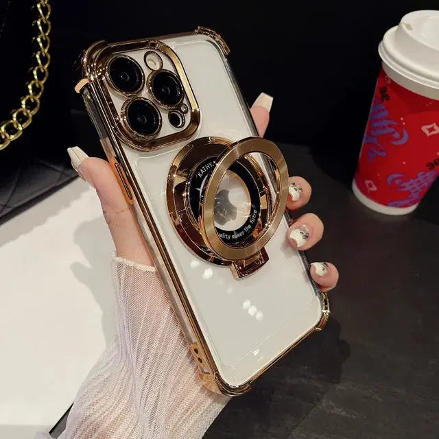 Funda de teléfono con soporte magnético Magsafe, Marco chapado de lujo para iPhone 15 Pro Max, 11, 12, 13, 14, 15Plus, cubierta protectora de lente - La zona Apple