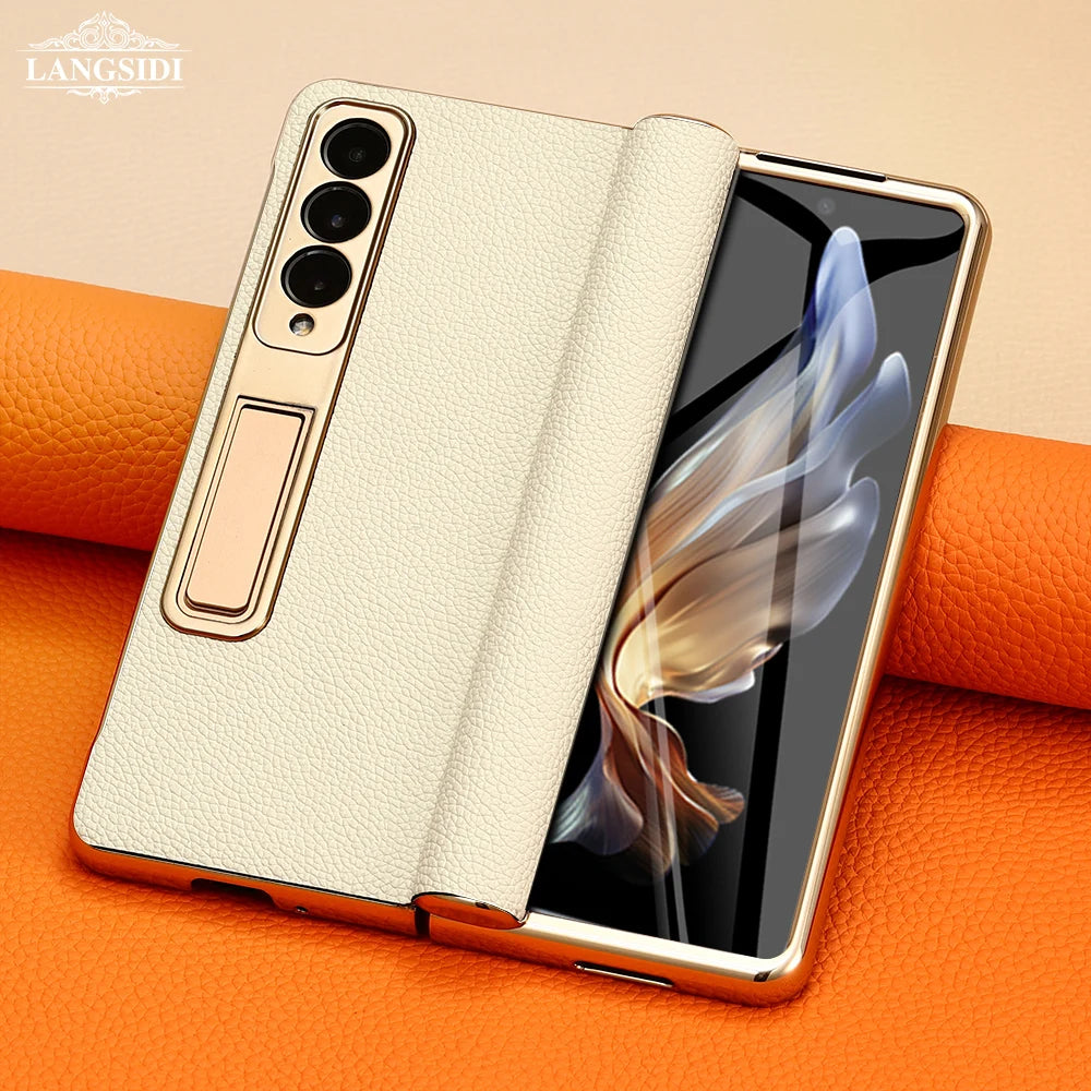 Funda de teléfono de cuero para Samsung Galaxy Z Fold 5 4 3 Fold4 Fold5 Zfold Z Fold 5 4 3 Fold5 Fold4 Fold3 zFold4 zFold5 zFold3, bisagra magnética chapada en oro, soporte trasero con película de espejo - La zona Apple