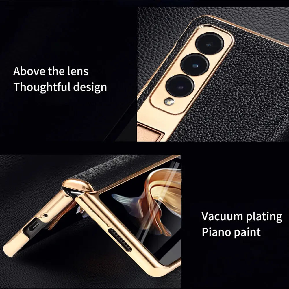 Funda de teléfono de cuero para Samsung Galaxy Z Fold 5 4 3 Fold4 Fold5 Zfold Z Fold 5 4 3 Fold5 Fold4 Fold3 zFold4 zFold5 zFold3, bisagra magnética chapada en oro, soporte trasero con película de espejo - La zona Apple