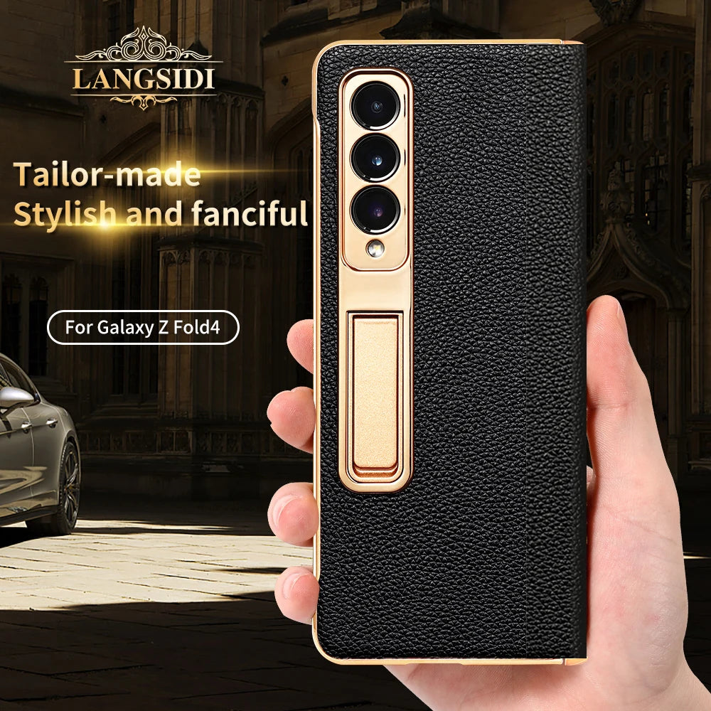 Funda de teléfono de cuero para Samsung Galaxy Z Fold 5 4 3 Fold4 Fold5 Zfold Z Fold 5 4 3 Fold5 Fold4 Fold3 zFold4 zFold5 zFold3, bisagra magnética chapada en oro, soporte trasero con película de espejo - La zona Apple