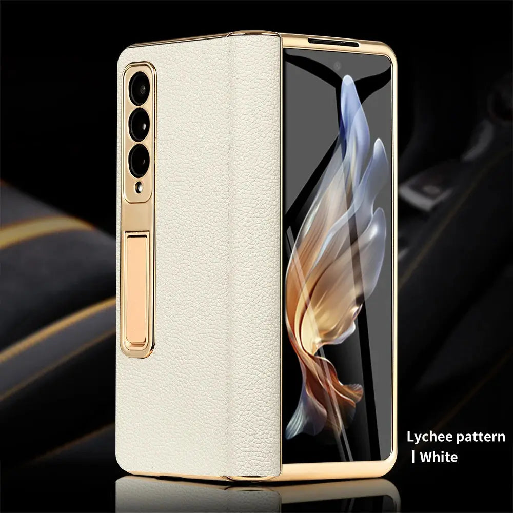 Funda de teléfono de cuero para Samsung Galaxy Z Fold 5 4 3 Fold4 Fold5 Zfold Z Fold 5 4 3 Fold5 Fold4 Fold3 zFold4 zFold5 zFold3, bisagra magnética chapada en oro, soporte trasero con película de espejo - La zona Apple