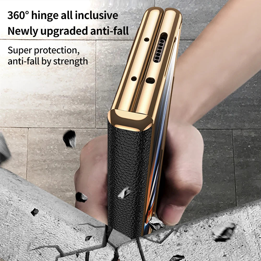 Funda de teléfono de cuero para Samsung Galaxy Z Fold 5 4 3 Fold4 Fold5 Zfold Z Fold 5 4 3 Fold5 Fold4 Fold3 zFold4 zFold5 zFold3, bisagra magnética chapada en oro, soporte trasero con película de espejo - La zona Apple