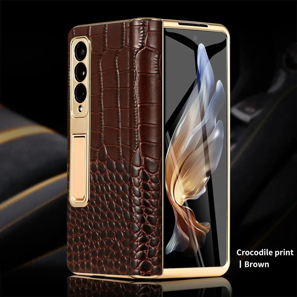 Funda de teléfono de cuero para Samsung Galaxy Z Fold 5 4 3 Fold4 Fold5 Zfold Z Fold 5 4 3 Fold5 Fold4 Fold3 zFold4 zFold5 zFold3, bisagra magnética chapada en oro, soporte trasero con película de espejo - La zona Apple