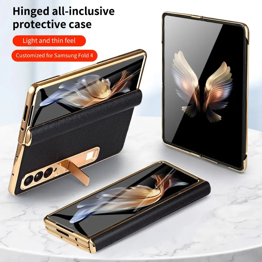 Funda de teléfono de cuero para Samsung Galaxy Z Fold 5 4 3 Fold4 Fold5 Zfold Z Fold 5 4 3 Fold5 Fold4 Fold3 zFold4 zFold5 zFold3, bisagra magnética chapada en oro, soporte trasero con película de espejo - La zona Apple