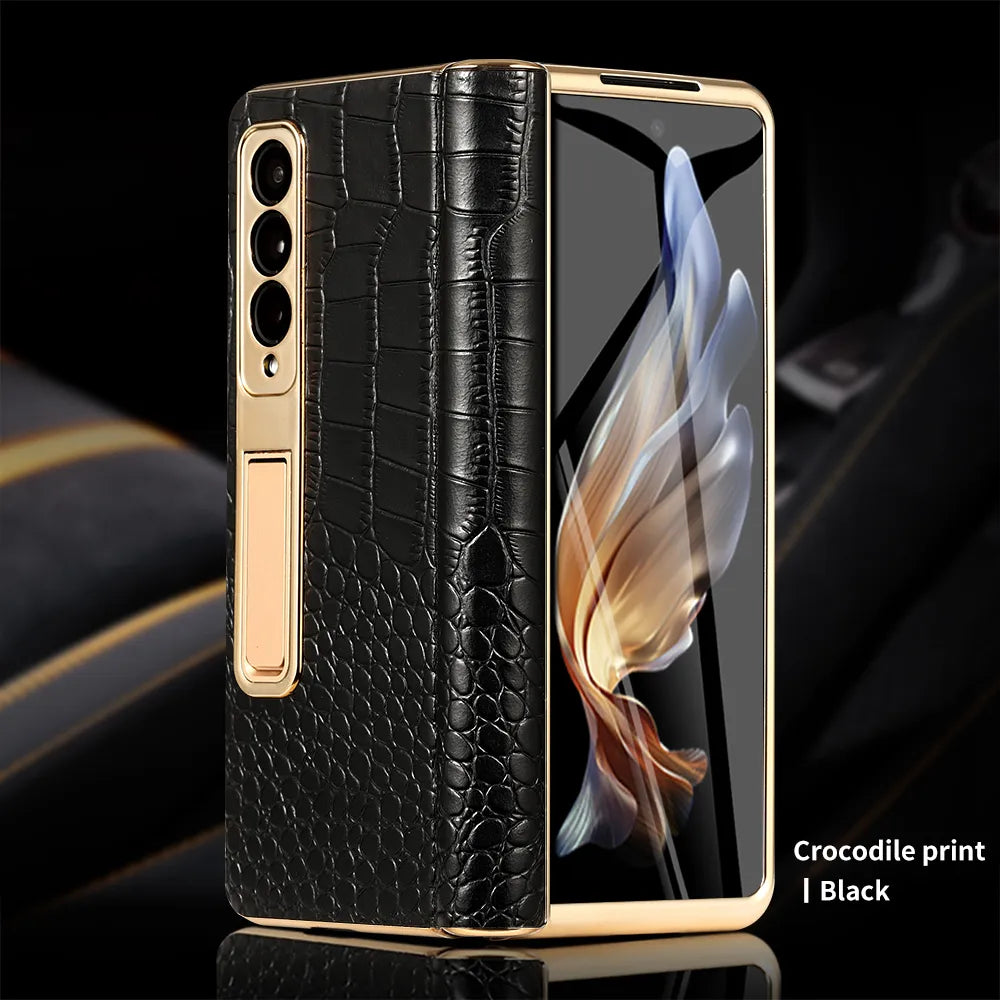 Funda de teléfono de cuero para Samsung Galaxy Z Fold 5 4 3 Fold4 Fold5 Zfold Z Fold 5 4 3 Fold5 Fold4 Fold3 zFold4 zFold5 zFold3, bisagra magnética chapada en oro, soporte trasero con película de espejo - La zona Apple