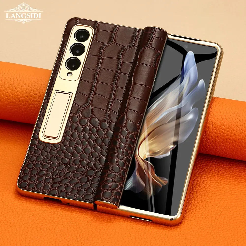 Funda de teléfono de cuero para Samsung Galaxy Z Fold 5 4 3 Fold4 Fold5 Zfold Z Fold 5 4 3 Fold5 Fold4 Fold3 zFold4 zFold5 zFold3, bisagra magnética chapada en oro, soporte trasero con película de espejo - La zona Apple