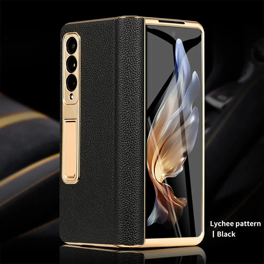 Funda de teléfono de cuero para Samsung Galaxy Z Fold 5 4 3 Fold4 Fold5 Zfold Z Fold 5 4 3 Fold5 Fold4 Fold3 zFold4 zFold5 zFold3, bisagra magnética chapada en oro, soporte trasero con película de espejo - La zona Apple