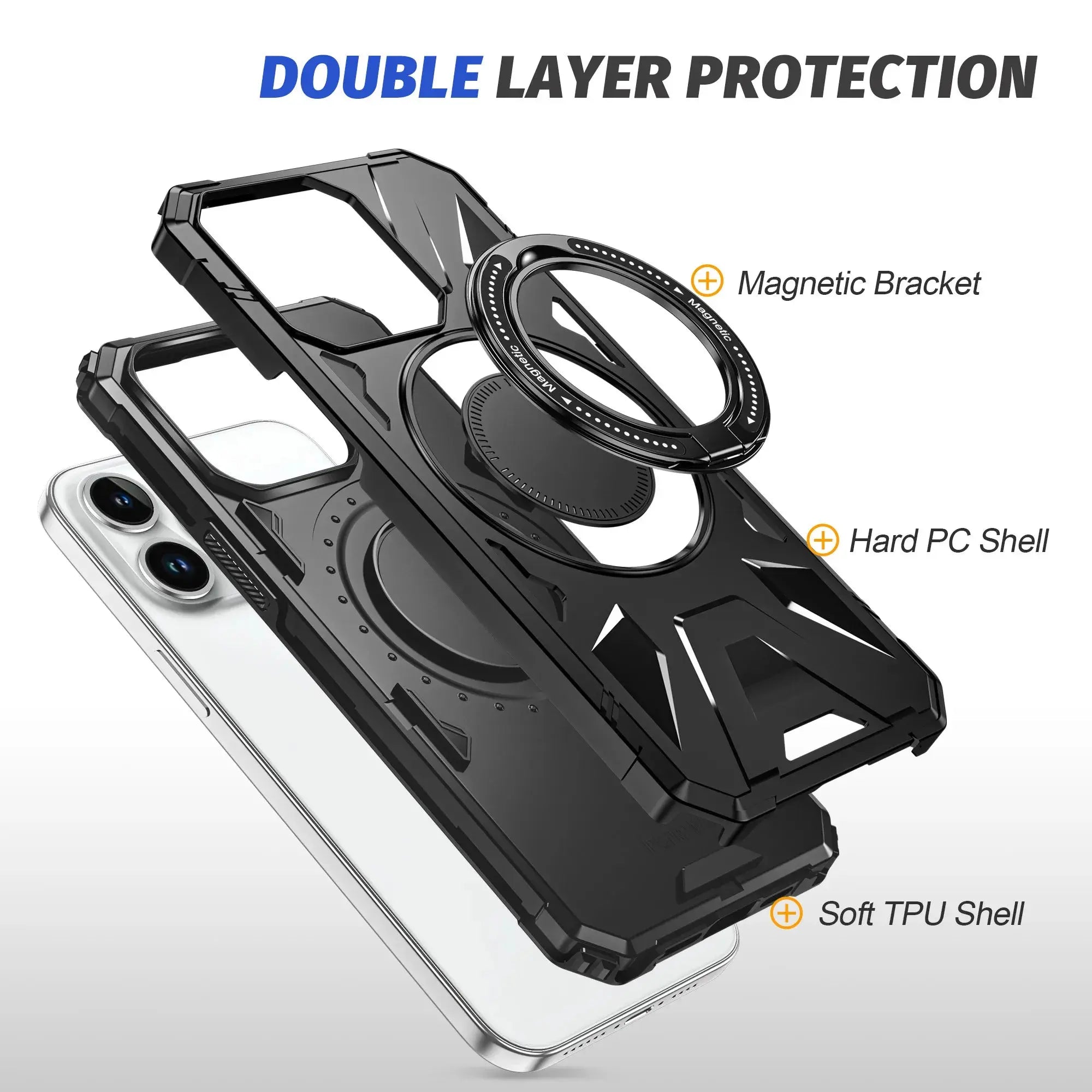Funda de Teléfono de Plástico Magnético con Soporte Giratorio de Anillo para iPhone 15, 14 Plus, 13, 12, 11 Pro Max - Carcasa Dura de Prevención de Caídas - La zona Apple