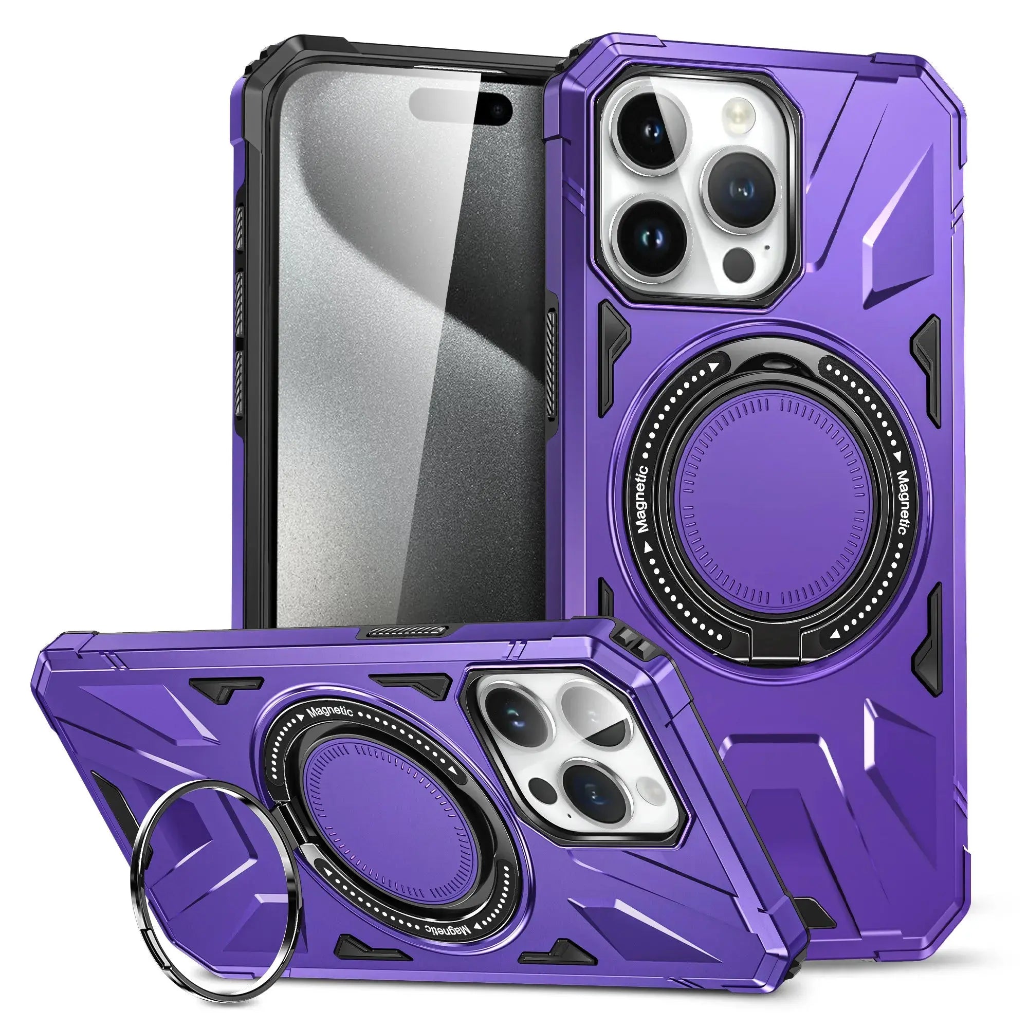 Funda de Teléfono de Plástico Magnético con Soporte Giratorio de Anillo para iPhone 15, 14 Plus, 13, 12, 11 Pro Max - Carcasa Dura de Prevención de Caídas - La zona Apple