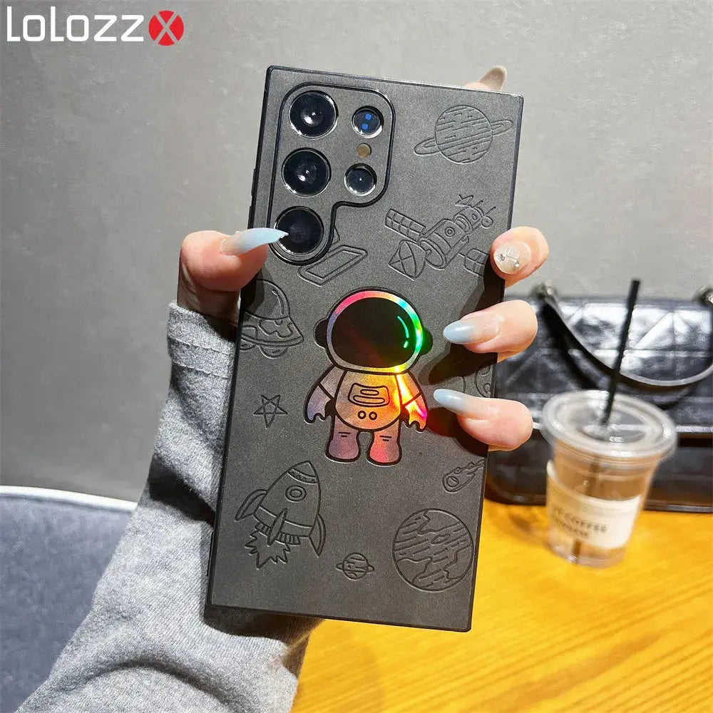 Funda de teléfono mate de piel de astronauta láser para Samsung S23 S22 Ultra, protección de cámara de dibujos animados de lujo, cubierta trasera a prueba de golpes - La zona Apple