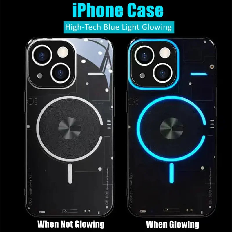 Funda de teléfono recargable de alta tecnología LED, luz azul brillante, luminosa, a prueba de golpes, para iPhone 11, 12, 13, 14 Pro Plus Max - La zona Apple
