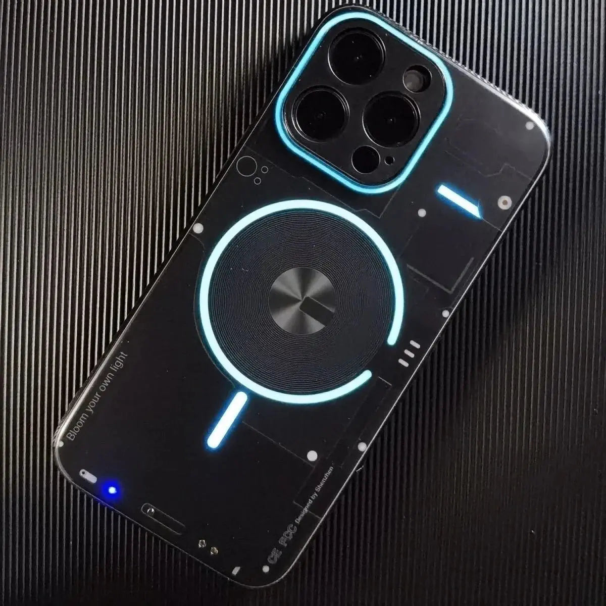 Funda de teléfono recargable de alta tecnología LED, luz azul brillante, luminosa, a prueba de golpes, para iPhone 11, 12, 13, 14 Pro Plus Max - La zona Apple