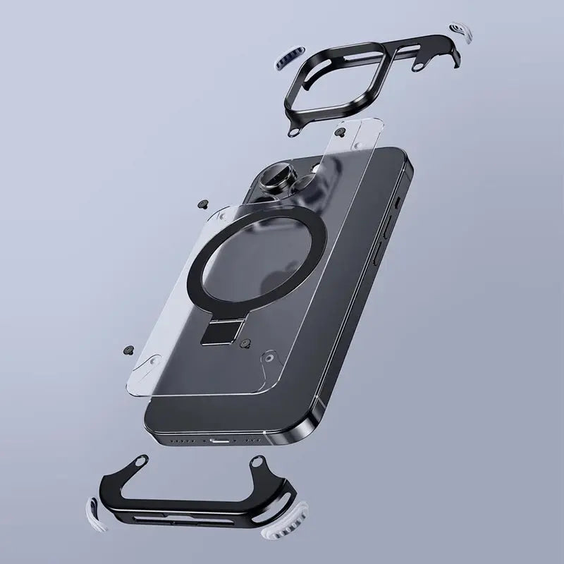Funda de teléfono sin montura con soporte magnético de aleación de aluminio para iPhone 13 14 15 Pro Max 15Plus, carcasa de lente de Metal, cubierta trasera mate esmerilada - La zona Apple