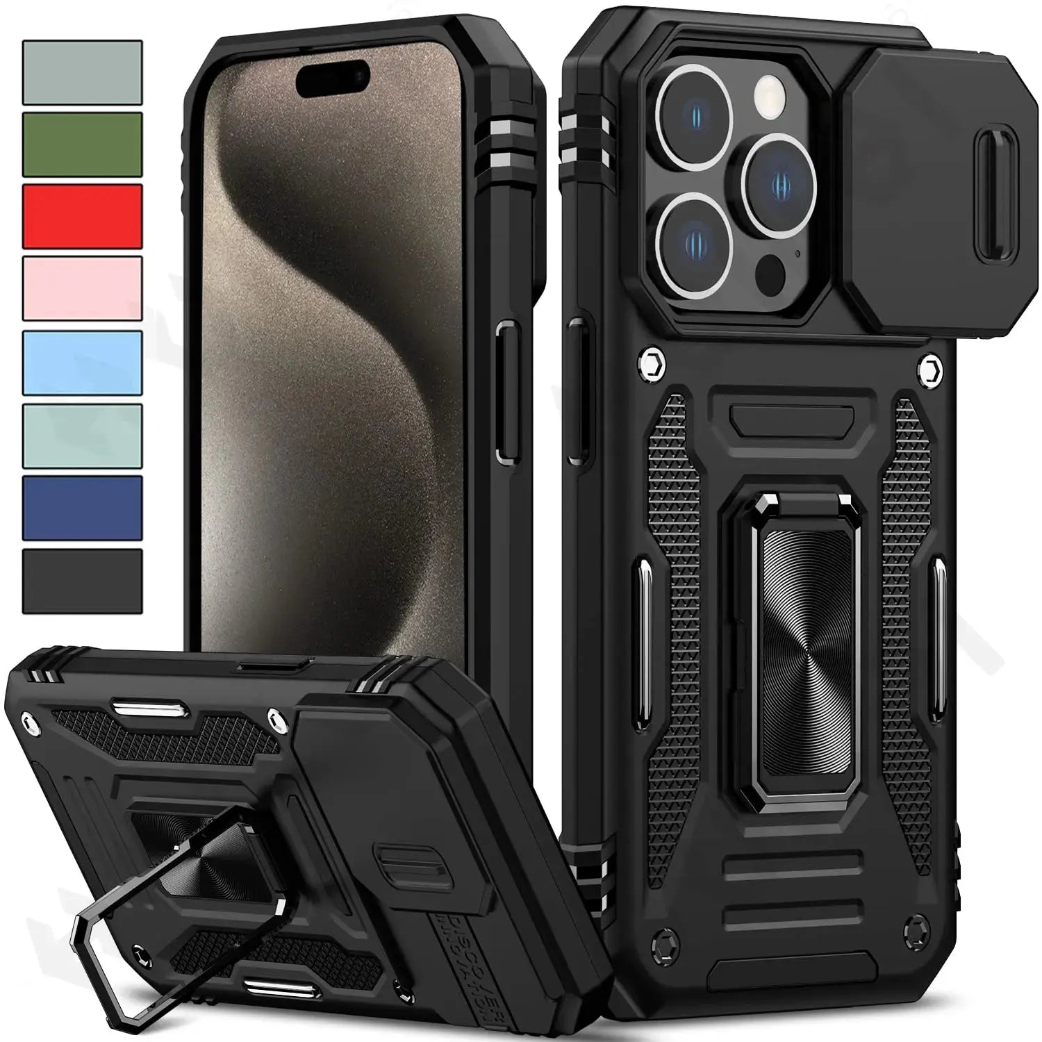 Funda magnética con soporte de anillo para iPhone, carcasa anticaída para cámara deslizante, para iPhone 15 Pro Max Plus - La zona Apple