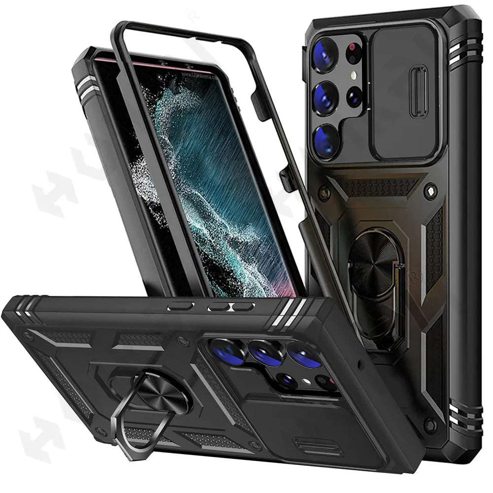 Funda para Samsung Galaxy S23, S22, S21, Ultra FE Plus, A53, A52, A13, A14, 5G - Diseño de Cámara Deslizante, Ranura para Tarjetas y Anillo de Soporte Giratorio - La zona Apple