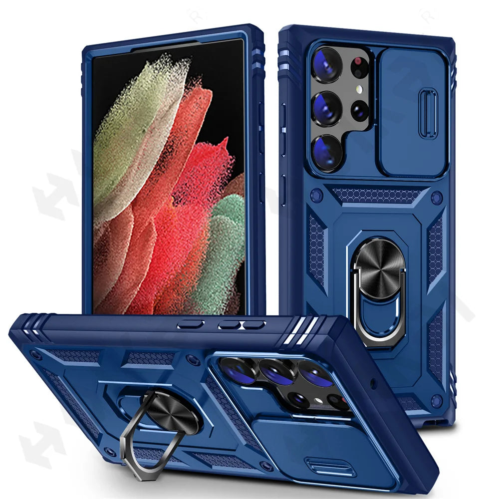 Funda para Samsung Galaxy S23, S22, S21, Ultra FE Plus, A53, A52, A13, A14, 5G - Diseño de Cámara Deslizante, Ranura para Tarjetas y Anillo de Soporte Giratorio - La zona Apple