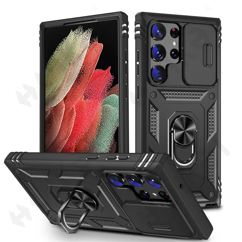 Funda para Samsung Galaxy S23, S22, S21, Ultra FE Plus, A53, A52, A13, A14, 5G - Diseño de Cámara Deslizante, Ranura para Tarjetas y Anillo de Soporte Giratorio - La zona Apple