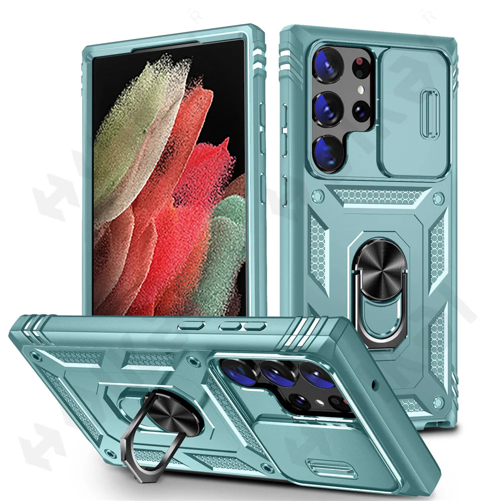 Funda para Samsung Galaxy S23, S22, S21, Ultra FE Plus, A53, A52, A13, A14, 5G - Diseño de Cámara Deslizante, Ranura para Tarjetas y Anillo de Soporte Giratorio - La zona Apple