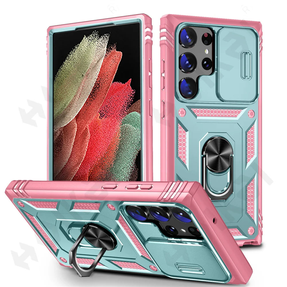 Funda para Samsung Galaxy S23, S22, S21, Ultra FE Plus, A53, A52, A13, A14, 5G - Diseño de Cámara Deslizante, Ranura para Tarjetas y Anillo de Soporte Giratorio - La zona Apple