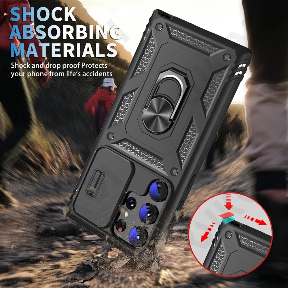 Funda para Samsung Galaxy S23, S22, S21, Ultra FE Plus, A53, A52, A13, A14, 5G - Diseño de Cámara Deslizante, Ranura para Tarjetas y Anillo de Soporte Giratorio - La zona Apple