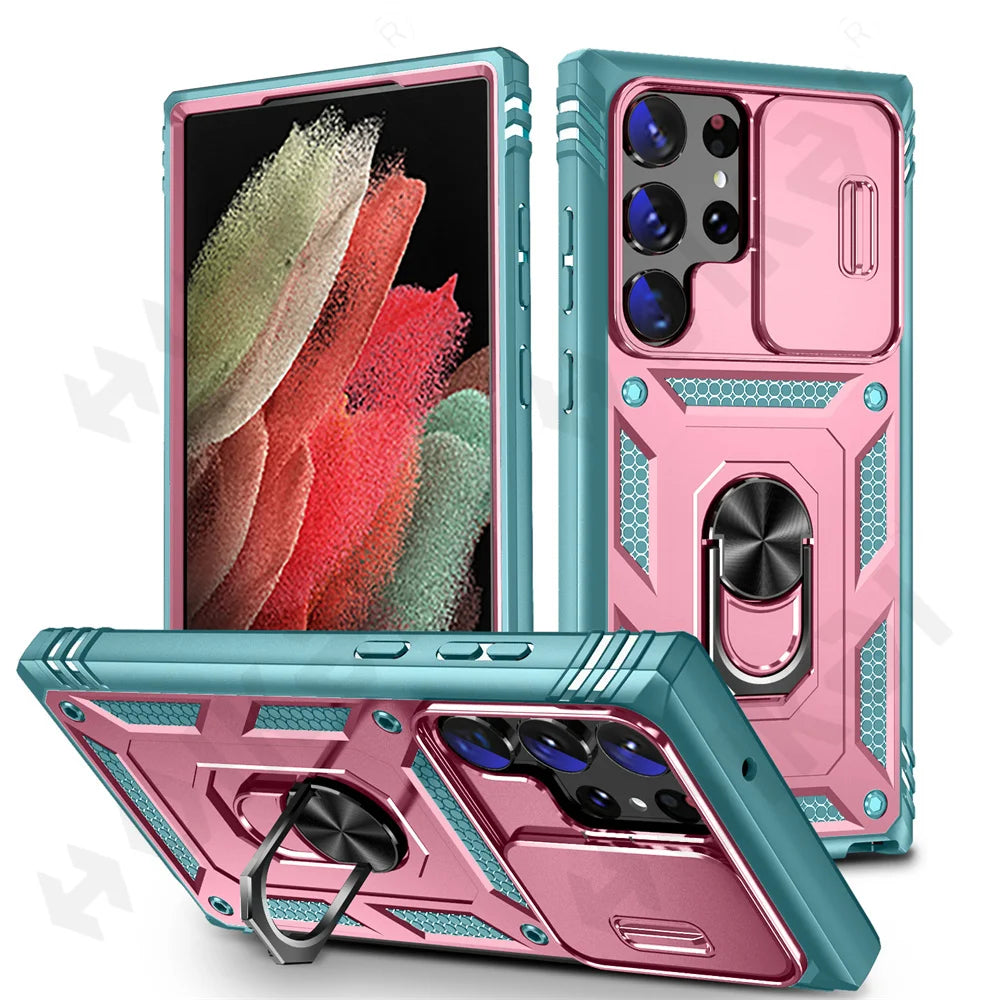 Funda para Samsung Galaxy S23, S22, S21, Ultra FE Plus, A53, A52, A13, A14, 5G - Diseño de Cámara Deslizante, Ranura para Tarjetas y Anillo de Soporte Giratorio - La zona Apple