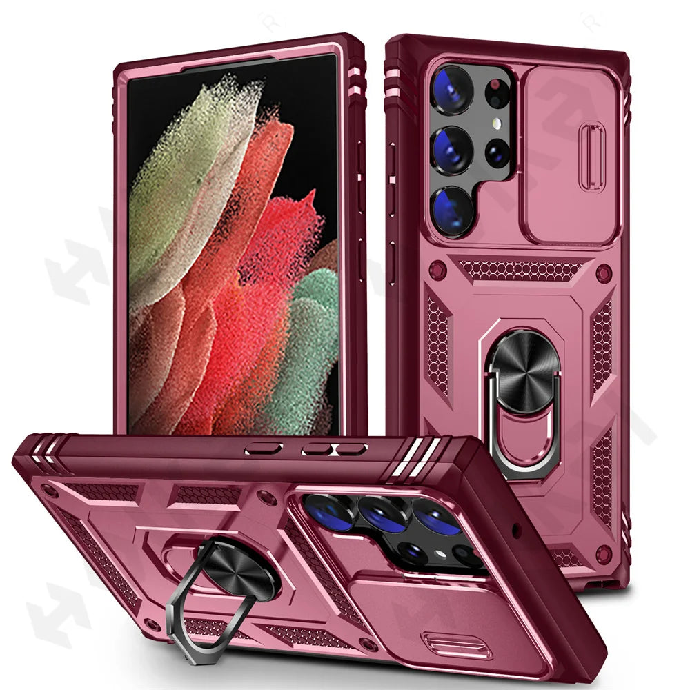 Funda para Samsung Galaxy S23, S22, S21, Ultra FE Plus, A53, A52, A13, A14, 5G - Diseño de Cámara Deslizante, Ranura para Tarjetas y Anillo de Soporte Giratorio - La zona Apple